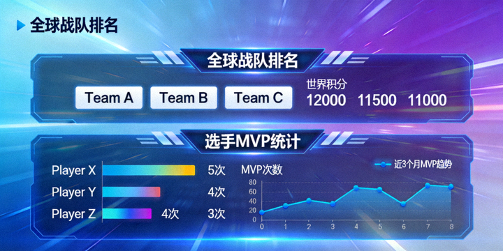 电竞战队排名榜单大屏，展示世界积分与选手MVP统计数据